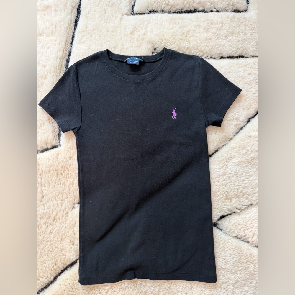 Ralph Lauren Women’s Black Short Sleeve Tee with Purple  Logo M